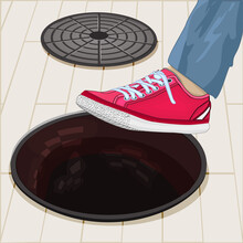 Human Leg On Open Manhole. Man Step In City Sewer Hole. Business Risks, Accident, Pedestrian Safety And Insurance Concept. Careless Men With Sneakers Ignoring Exposed Manhole Or Hole On Ground. Vector