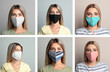 © New Africa - Collage with photos of women wearing protective face masks on light grey background