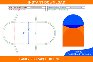 Circle envelope die cut template and 3D envelope_Box dieline and 3D box