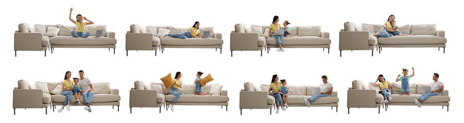 Canvas Print - Collage with photos of people sitting on stylish sofas against white background. Banner design