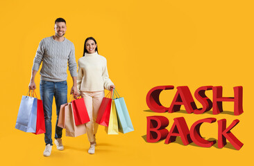 Happy couple with shopping bags and words Cash Back on yellow background