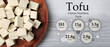 Tasty tofu and information about its nutrition facts on white wooden background, top view. Banner design