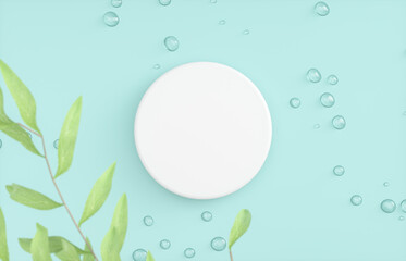Poster - Natural beauty podium backdrop for product display with water drops surface and green leaf. 3d rendering. top view.