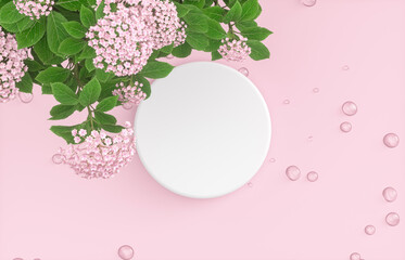 Poster - Natural beauty podium backdrop for product display with water drops surface and flower. 3d rendering. top view.