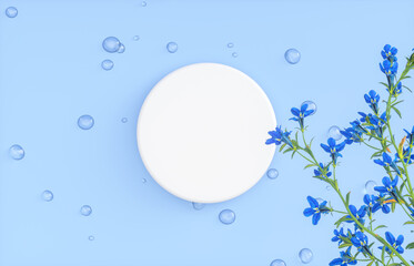 Poster - Natural beauty podium backdrop for product display with water drops surface and flower. 3d rendering. top view.
