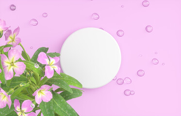 Poster - Natural beauty podium backdrop for product display with water drops surface and flower. 3d rendering. top view.