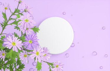 Poster - Natural beauty podium backdrop for product display with water drops surface and flower. 3d rendering. top view.