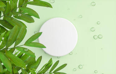 Poster - Natural beauty podium backdrop for product display with water drops surface and green leaf. 3d rendering. top view.