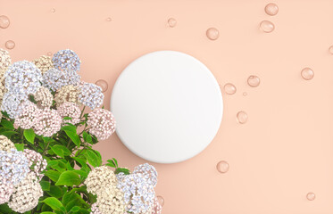 Poster - Natural beauty podium backdrop for product display with water drops surface and flower. 3d rendering. top view.