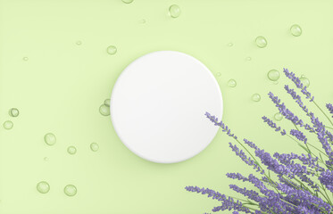 Poster - Natural beauty podium backdrop for product display with water drops surface and flower. 3d rendering. top view.