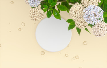 Poster - Natural beauty podium backdrop for product display with water drops surface and flower. 3d rendering. top view.