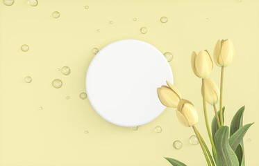Poster - Natural beauty podium backdrop for product display with water drops surface and flower. 3d rendering. top view.