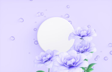 Poster - Natural beauty podium backdrop for product display with water drops surface and flower. 3d rendering. top view.