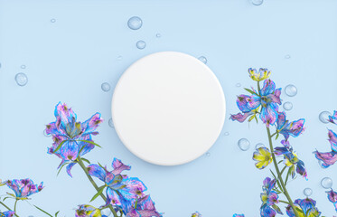Poster - Natural beauty podium backdrop for product display with water drops surface and flower. 3d rendering. top view.