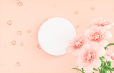 Poster - Natural beauty podium backdrop for product display with water drops surface and flower. 3d rendering. top view.