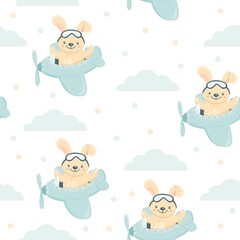 Wall Mural - Seamless vector pattern. Cute little bunny flying in an airplane among the clouds. Pattern for children's clothes or wallpaper for children's 
