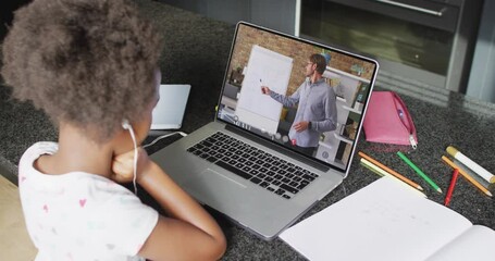 Poster - Animation of african american girl in earphones having online lessons on laptop at home