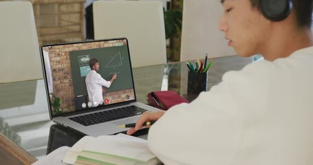 Poster - Animation of asian boy in headphones having online lessons on laptop at home