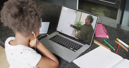 Poster - African american girl using laptop for video call, with male teacher on screen