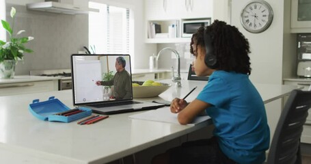 Wall Mural - African american boy using laptop for video call with male teacher on screen