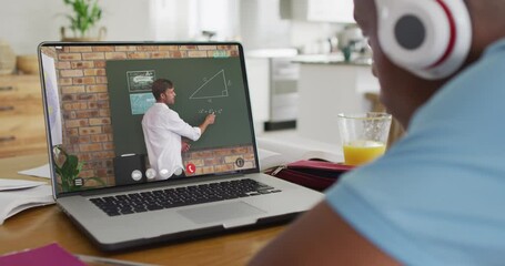 Poster - Animation of african american boy in headphones having online lessons on laptop at home