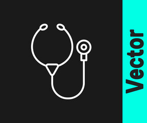 Poster - White line Stethoscope medical instrument icon isolated on black background. Vector