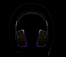 Black headphones for listen music, dj audio headset isolated on night dark background, front view. Silhouette of earphones with sound speakers in neon light, modern art graphic design, 3d render