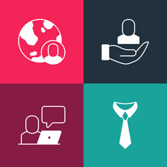 Poster - Set pop art Tie, Freelancer, Worker and Globe and people icon. Vector