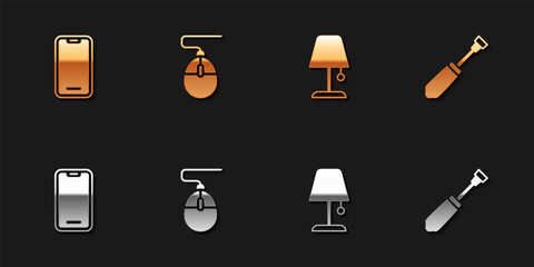 Poster - Set Mobile phone, Computer mouse, Table lamp and Screwdriver icon. Vector