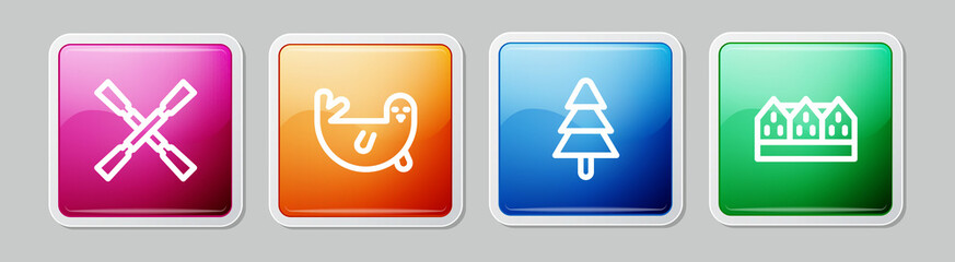 Poster - Set line Oars or paddles boat, Fur seal animal, Tree and Norwegian wooden house. Colorful square button. Vector