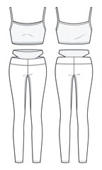 Wall Mural - Girl's Leggings Pants, Crop Tank Top fashion flat sketch template.  Sports Wear fashion CAD, mockup set.