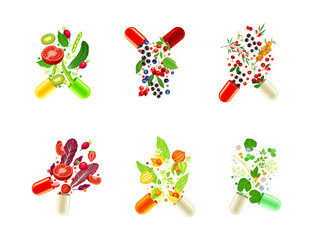 Vitamins and supplements set. Open capsules with vegetables, berries and herbs vector illustration