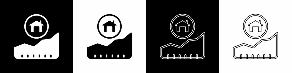 Set Rising cost of housing icon isolated on black and white background. Rising price of real estate. Residential graph increases. Vector