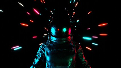 Wall Mural - Astronaut in neon rays. Cosmonaut in spacesuit. Weightlessness. Galaxy.