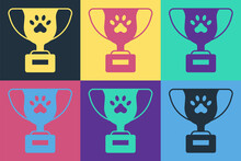 Pop Art Pet Award Symbol Icon Isolated On Color Background. Medal With Dog Footprint As Pets Exhibition Winner Concept. Vector