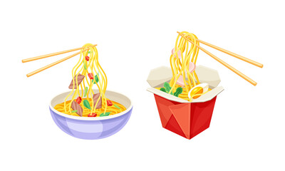 Wall Mural - Asian noodles in bowl and take away box vector illustration