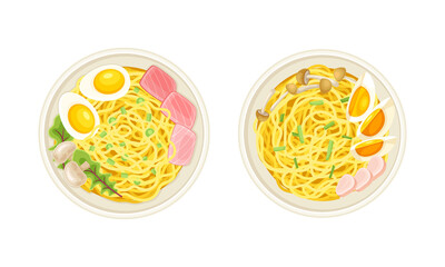 Wall Mural - Asian ramen in bowls with fish, vegetables and eggs, top view vector illustration