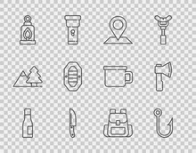 Set Line Bottle Of Water, Fishing Hook, Location, Knife, Camping Lantern, Rafting Boat, Hiking Backpack And Wooden Axe Icon. Vector