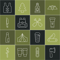 Set line Wooden axe, Swiss army knife, Flashlight, Camping lantern, Hiking backpack, Knife, Life jacket and Paddle icon. Vector