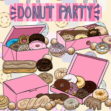 Donut Party - 32 Donuts, 9 Donut Holes, 4 Pink Boxes And One Donut Background Pattern