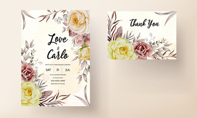  Wedding invitation set with elegant watercolor flower and leaves