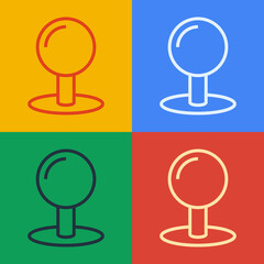 Poster - Pop art line Push pin icon isolated on color background. Thumbtacks sign. Vector