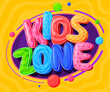 Kids zone banner. Colorful fun font. Bright children inscriptions. Convex shiny letters. Vector illustration