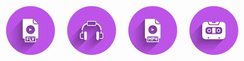 Set FLV file document, Headphones, MP4 and Retro audio cassette tape icon with long shadow. Vector