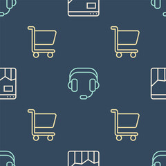 Poster - Set line Graph chart infographic, Shopping cart and Headphones on seamless pattern. Vector