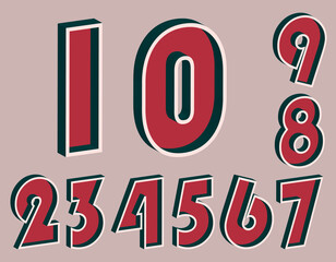 Set of numbers from 0 to 9 with 3D effect in retro style. Well red and Deep Teal colors
