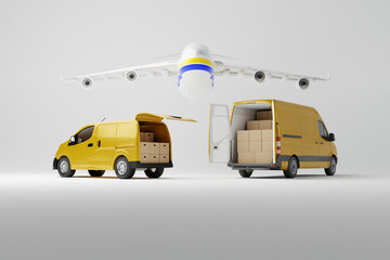 Poster - Two commercial delivery white vans with cardboard boxes with airplane over them on white background. Delivery order service company transportation box with vans truck. 3d rendering, 3d illustration.