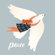 Woman is flying and holding of a Dove. International Day of Peace. Peace on earth, stop war. Float vector illustration.