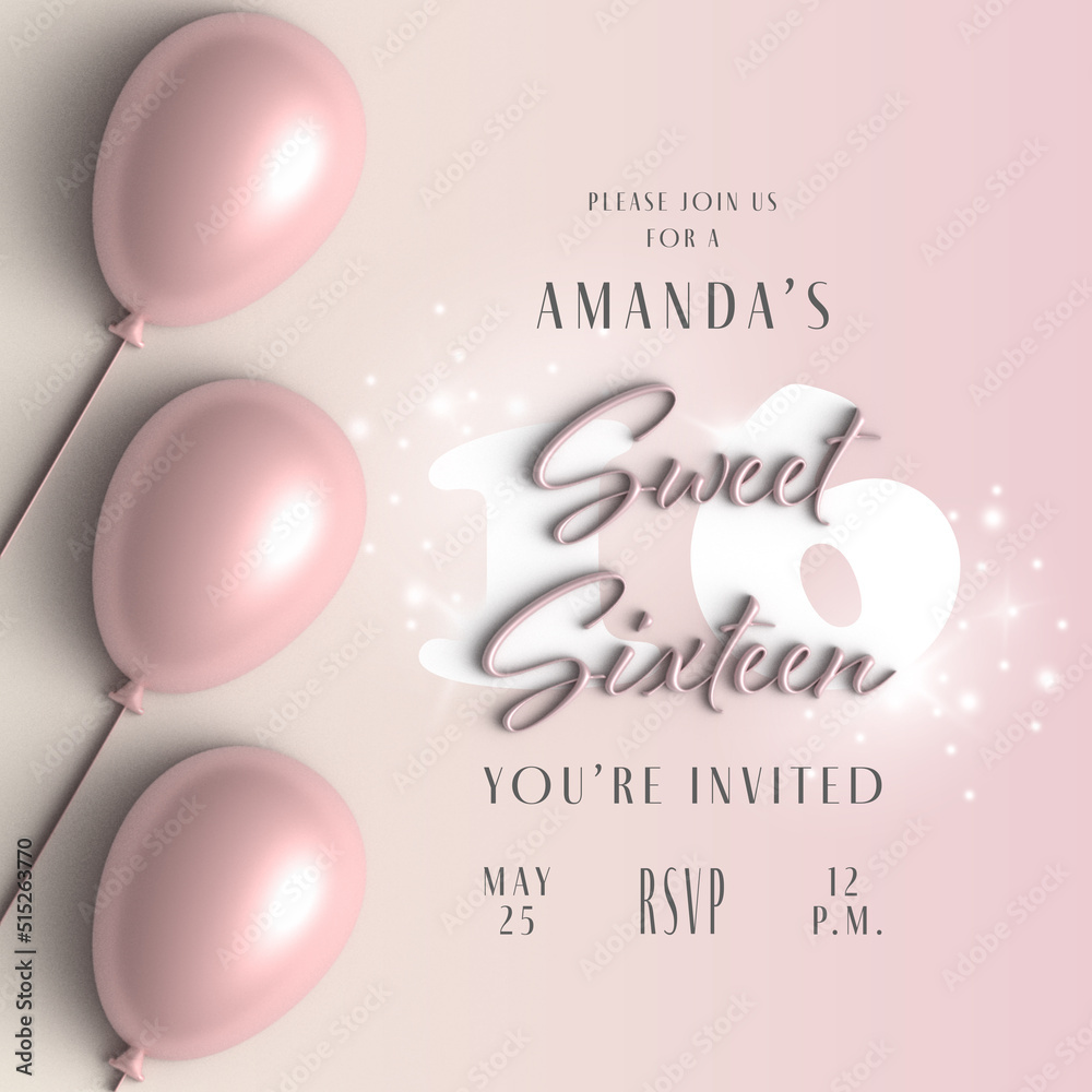 Invitation card design for Sweet 16 party celebration. Banner with pink  balloon, pastel colours background, 3d. Birthday party announcement Stock  Vector | Adobe Stock, image size:1000x1000