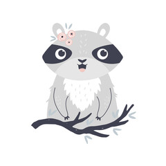 Wall Mural - Vector illustration of a funny raccoon. Cute composition with adorable animal.